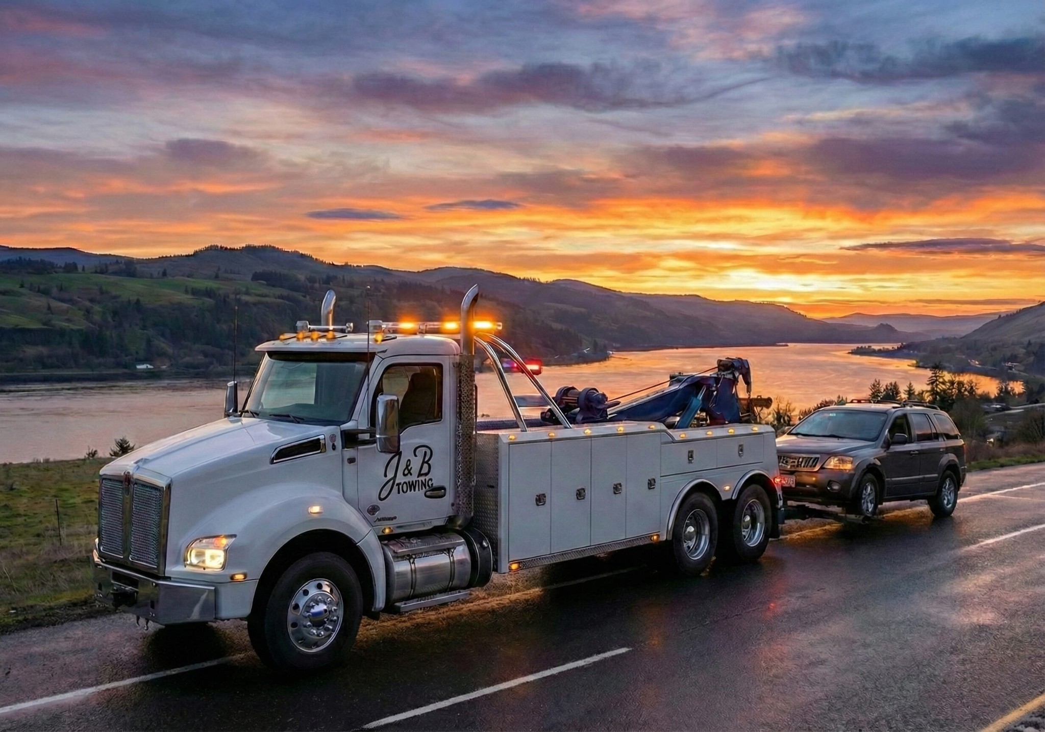 J&B Towing truck on I-5 in Cowlitz County